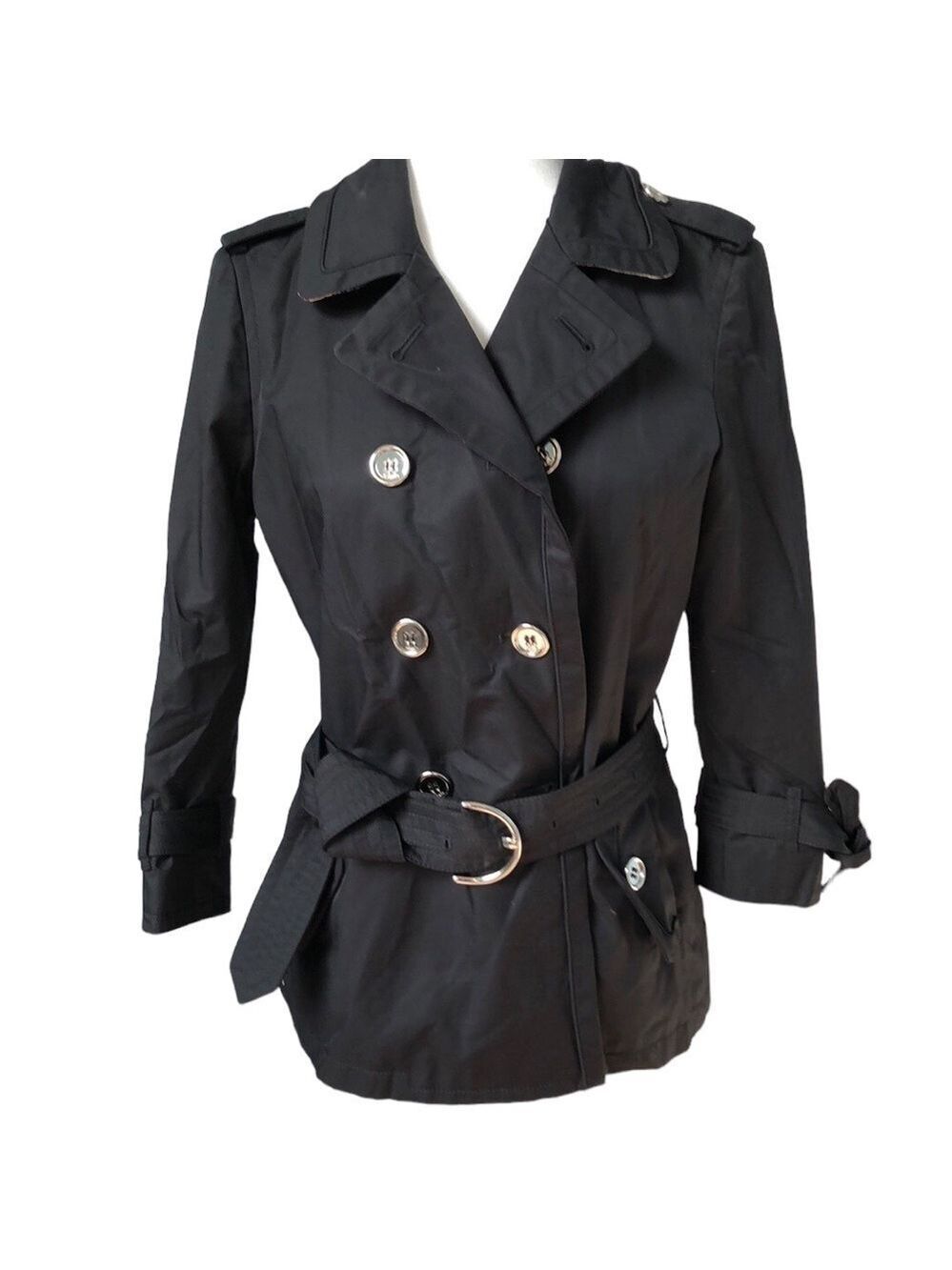 Coach Double Breasted Short Length Black Belted Trench Coat Jacket Small
